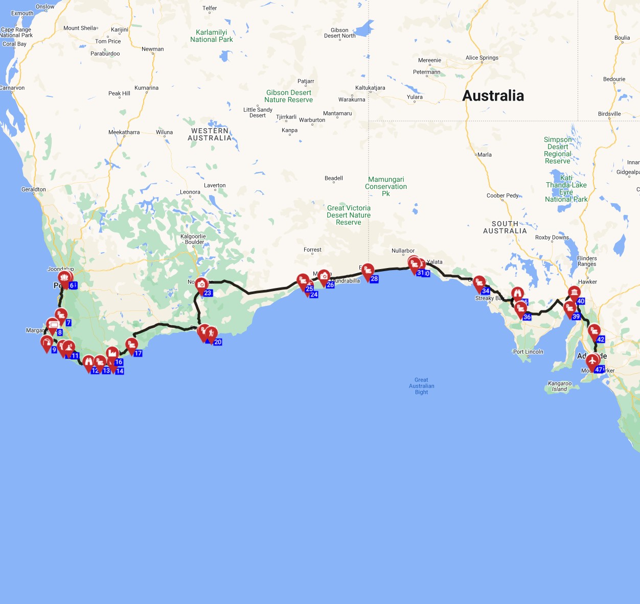 Map for Perth to Adelaide
